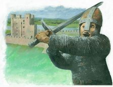 A Norman soldier attacking with a hand-and-a-half a two-handed broadsword, 1990s. Artist: Ivan Lapper