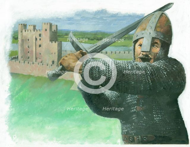 A Norman soldier attacking with a 'hand-and-a-half', a two-handed broadsword, 1990s. Artist: Ivan Lapper.