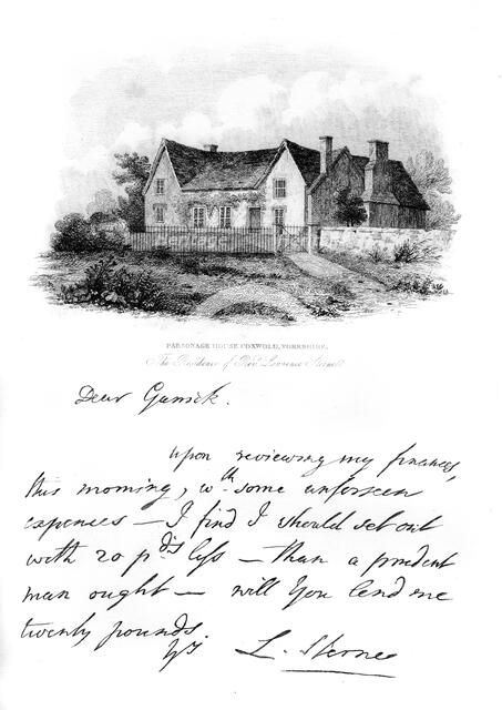 A note from Sterne to Garrick, and a view of Sterne's house in Yorkshire, 18th century, (1840). Artist: Unknown