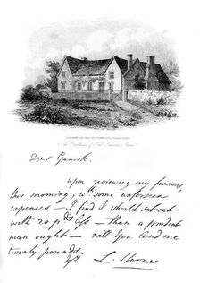 A note from Sterne to Garrick, and a view of Sterne's house in Yorkshire, 18th century, (1840)