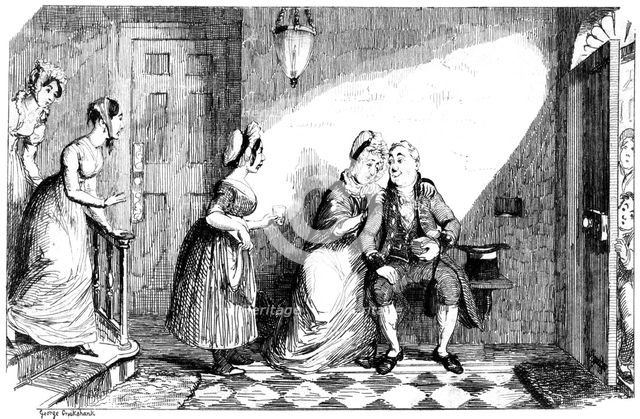 A number of women attend to a poorly man, 19th century.Artist: George Cruikshank
