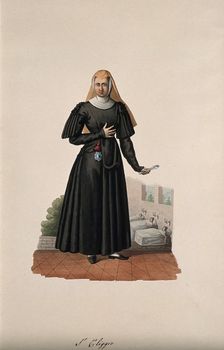 A nun holding a medicine spoon with her hospital behind her. Creator: Unknown