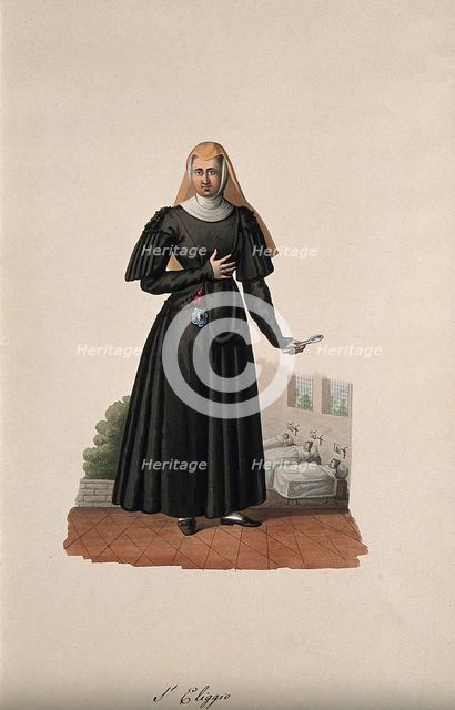 A nun holding a medicine spoon with her hospital behind her. Creator: Unknown.