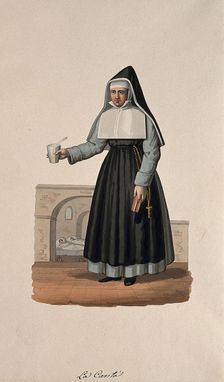 A nun in her habit carrying medicine and her Bible, with her hospital behind her. Creator: Unknown