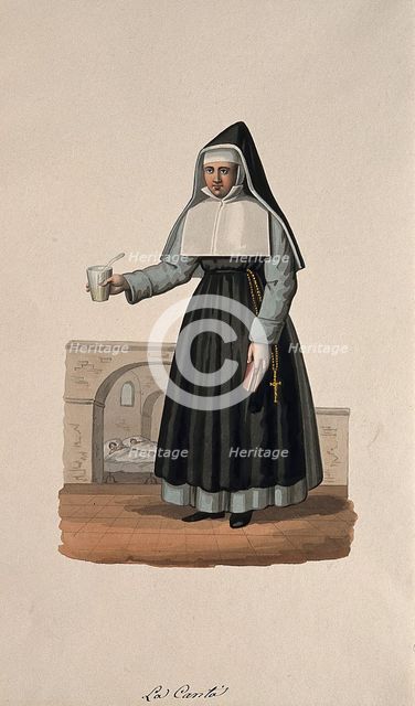 A nun in her habit carrying medicine and her Bible, with her hospital behind her. Creator: Unknown.