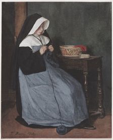 A Nun Seated at a Table Knitting, 1862. Creator: François Bonvin (French, 1817-1887)