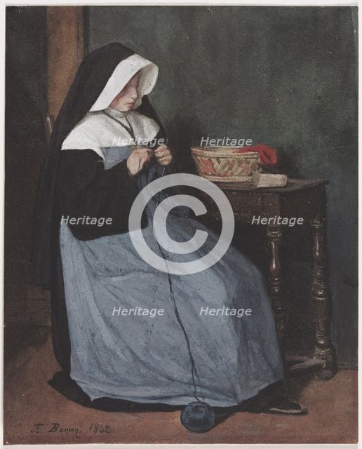 A Nun Seated at a Table Knitting, 1862. Creator: François Bonvin (French, 1817-1887).