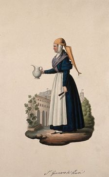 A nun wearing her habit holding a jug in the grounds of her convent. Creator: Unknown