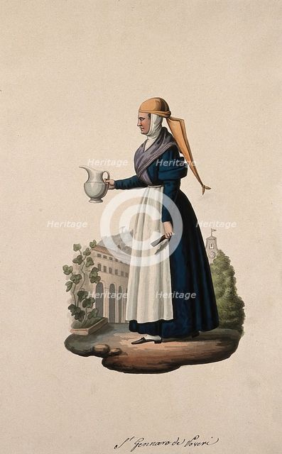 A nun wearing her habit holding a jug in the grounds of her convent. Creator: Unknown.