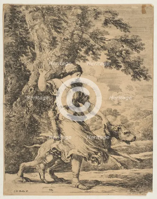 A Nymph Holding a Large Dog by its Collar, ca. 1654. Creator: Stefano della Bella.