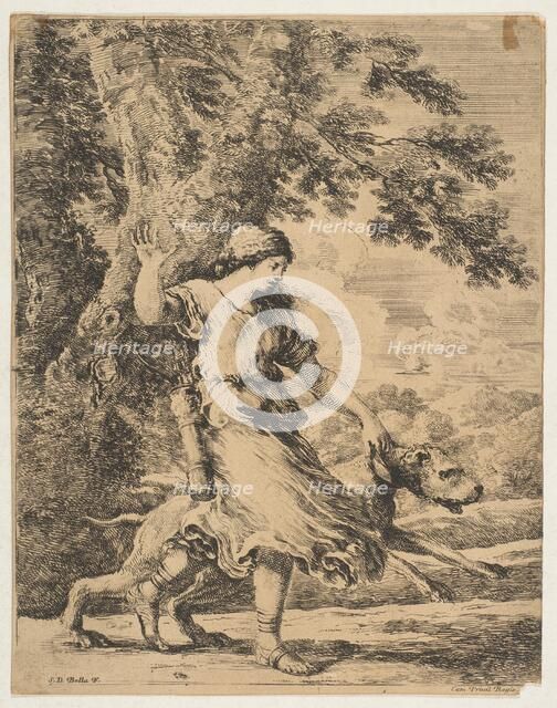 A Nymph Holding a Large Dog by its Collar, ca. 1654. Creator: Stefano della Bella.