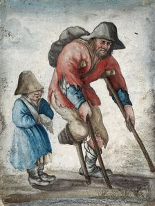 A one-legged man in rags moving with the aid of crutches is accompanied by a child with a band... Creator: Unknown