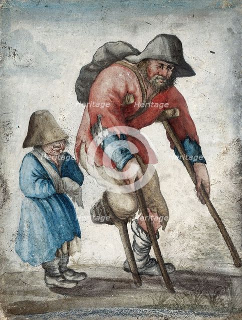 A one-legged man in rags moving with the aid of crutches is accompanied by a child with a band... Creator: Unknown.