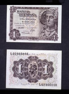 A one-peseta note, 1948, with the effigy of the Lady of Elche