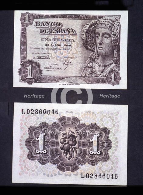 A one-peseta note, 1948, with the effigy of the Lady of Elche.
