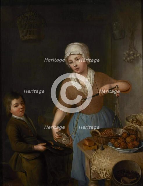 A pantry scene with a maid and boy weighing hazelnuts, 1756. Creator: Rijnenburg, Nicolaas (1716-1802).