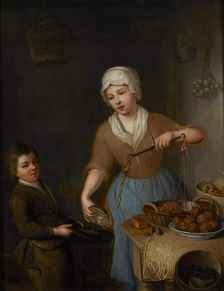 A pantry scene with a maid and boy weighing hazelnuts, 1756. Creator: Rijnenburg, Nicolaas (1716-1802)