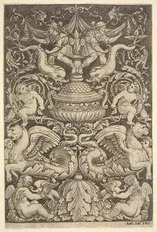 A panel of ornament with a large jar in centre, putti and other figures, 1530-60. Creator: Master of the Die