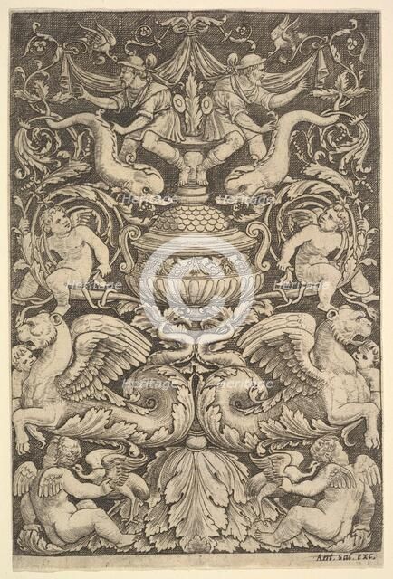 A panel of ornament with a large jar in centre, putti and other figures, 1530-60. Creator: Master of the Die.