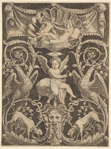 A panel of ornament with a putto in the centre holding a windmill, 1532. Creator: Master of the Die