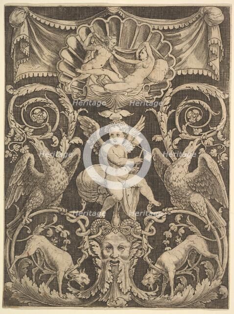 A panel of ornament with a putto in the centre holding a windmill, 1532. Creator: Master of the Die.