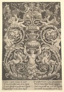 A panel of ornament with a woman holding a vase in centre, 1532. Creator: Master of the Die