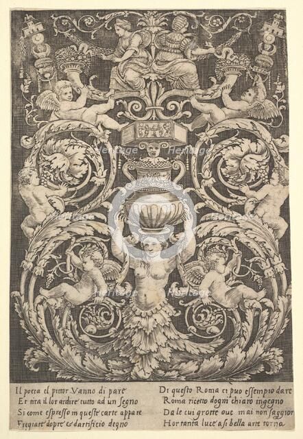 A panel of ornament with a woman holding a vase in centre, 1532. Creator: Master of the Die.