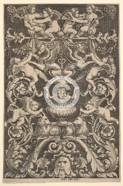 A panel of ornament with putti, goat and other figures, 1530-60. Creator: Master of the Die.