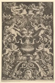 A panel of ornament with putti, goat and other figures, 1530-60. Creator: Master of the Die