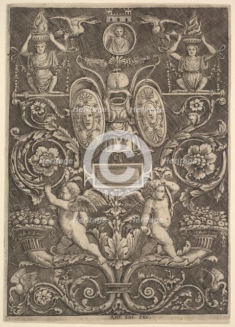 A panel of ornament, putti standing on cornucopia in lower section, 1530-60. Creator: Master of the Die.