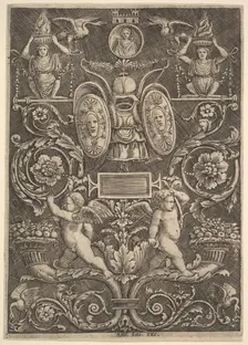 A panel of ornament, putti standing on cornucopia in lower section, 1530-60. Creator: Master of the Die