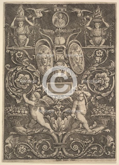 A panel of ornament, putti standing on cornucopia in lower section, 1530-60. Creator: Master of the Die.