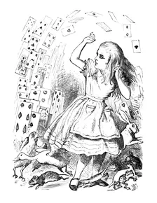 A pack of cards flying up over Alice 1889. Artist: John Tenniel