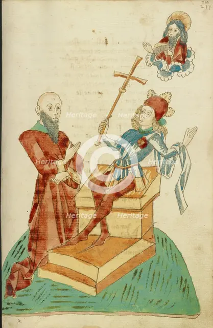 A Pagan Scholar before Josaphat, who Gestures to God the Father in Heaven, 1469. Creators: Hans Schilling, Diebolt Lauber.