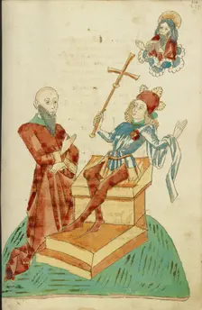 A Pagan Scholar before Josaphat, who Gestures to God the Father in Heaven, 1469. Creators: Hans Schilling, Diebolt Lauber