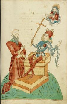 A Pagan Scholar before Josaphat, who Gestures to God the Father in Heaven, 1469. Creators: Hans Schilling, Diebolt Lauber