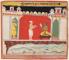 A page from a Bhagavata Purana series: A Brahmin gives Krishna the message or invitation..., c. 1650 Creator: Unknown