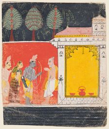 A page from a Ramayana: A night scene of Rama, Lakshman and Sita before the rishi..., c. 1650. Creator: Unknown