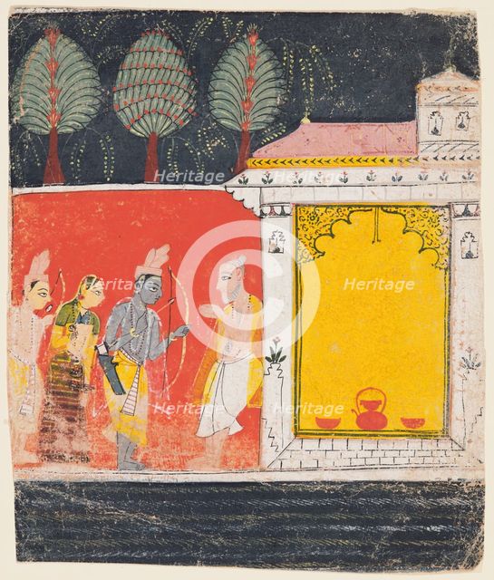 A page from a Ramayana: A night scene of Rama, Lakshman and Sita before the rishi..., c. 1650. Creator: Unknown.