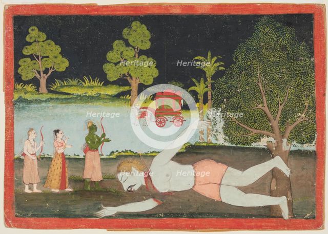 A page from a Ramayana: Rama, Lakshman and Sita before a slain giant, c. 1770. Creator: Unknown.