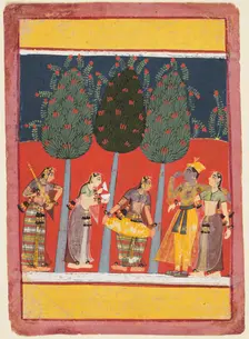 A page from a Rasikapriya series: Krishna and Radha and the Sakhis with musical instruments, c. 1650 Creator: Unknown