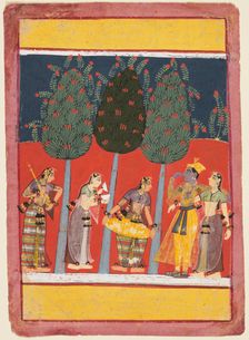 A page from a Rasikapriya series: Krishna and Radha and the Sakhis with musical instruments, c. 1650 Creator: Unknown