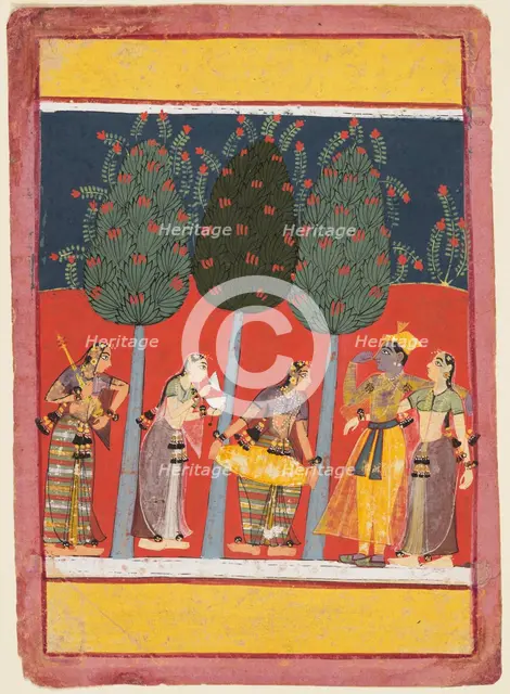 A page from a Rasikapriya series: Krishna and Radha and the Sakhis with musical instruments, c. 1650 Creator: Unknown.