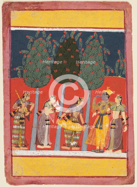 A page from a Rasikapriya series: Krishna and Radha and the Sakhis with musical instruments, c. 1650 Creator: Unknown.