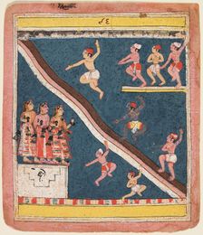 A page from Rasikapriya of Kesava Das: Krishna and the Gopas Dive into a pond, c. 1640. Creator: Unknown