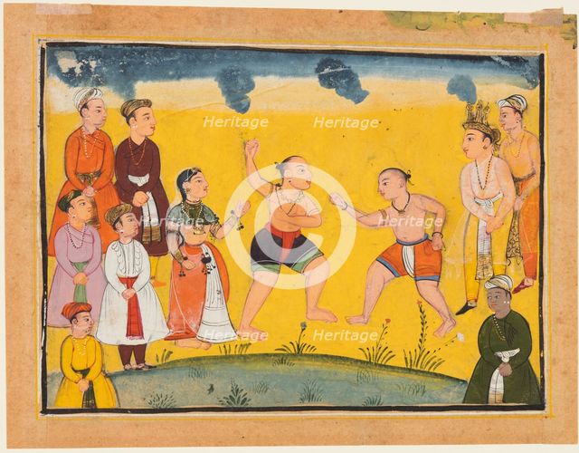 A page from the Mahabharata: Bhima fighting with Jayadratha, c. 1615. Creator: Unknown.