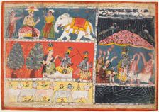 A page from the Bhagavata Purana: Indra sends a torrent of rain; Krishna lifts Mt. Govardhana, 1686. Creator: Unknown