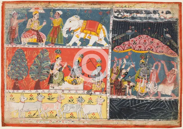 A page from the Bhagavata Purana: Indra sends a torrent of rain; Krishna lifts Mt. Govardhana, 1686. Creator: Unknown.