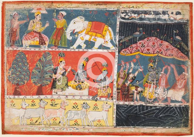 A page from the Bhagavata Purana: Indra sends a torrent of rain; Krishna lifts Mt. Govardhana, 1686. Creator: Unknown.