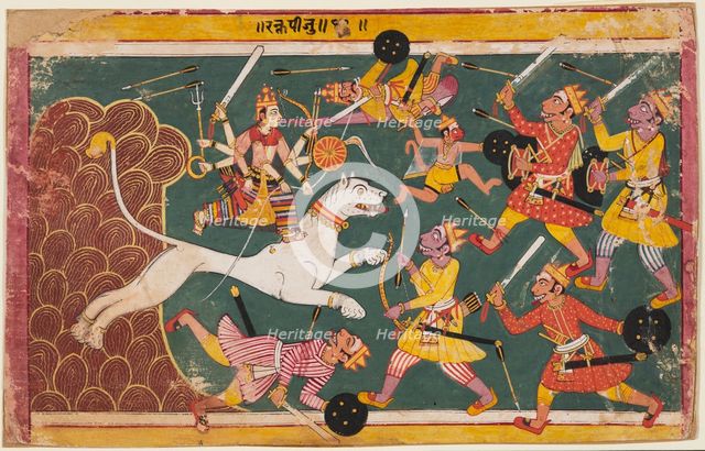 A page from the Devi-Mahatmya: The Goddess as the Drinker of the Demon Raktabija, c. 1640. Creator: Unknown.